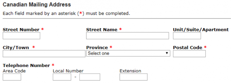 Mailing address form Mailing address form with mandatory fields marked by asterisk, with meaning of the asterisk also explained