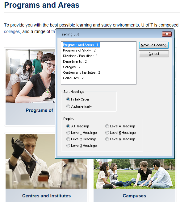 Page with accessible sections