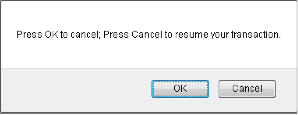 Dialog reads: press OK to cancel; press Cancel to resume.